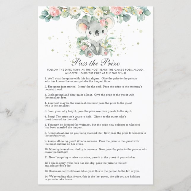 Koala Floral Greenery Baby Shower Pass the Prize  (Vorderseite)