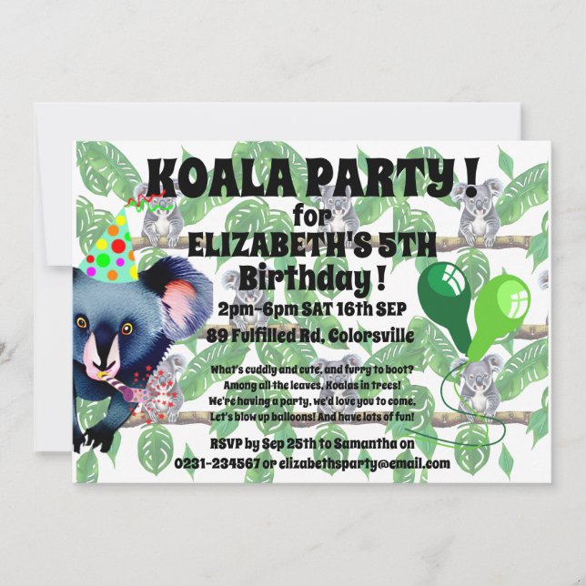 KOALA-Geburtstagsfeier  Einladung (Vorderseite)