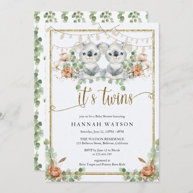 Koala Gender Neutral Twins Baby Dusche Einladung (Vorne/Hinten)