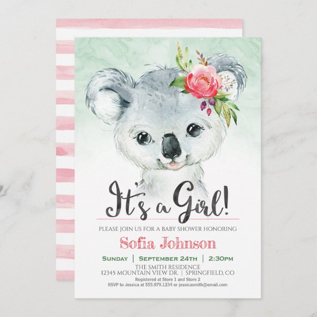 Koala Girl Baby Shower Einladung (Vorne/Hinten)
