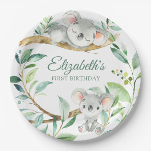 Koala Green und Gray Gender Neutral Baby Birthday Pappteller