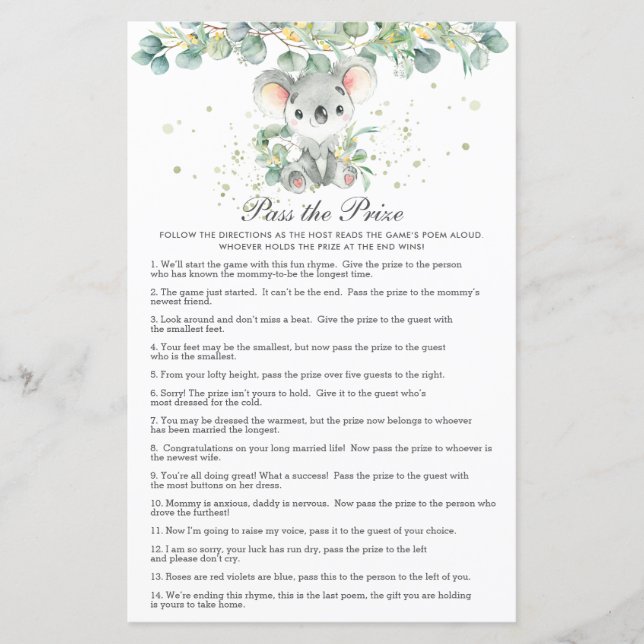 Koala Greenery Baby Shower Pass the Prize  (Vorderseite)