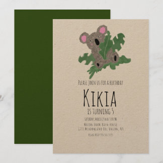 Koala Hand Drawn Animal Green Birthday Party Einladung