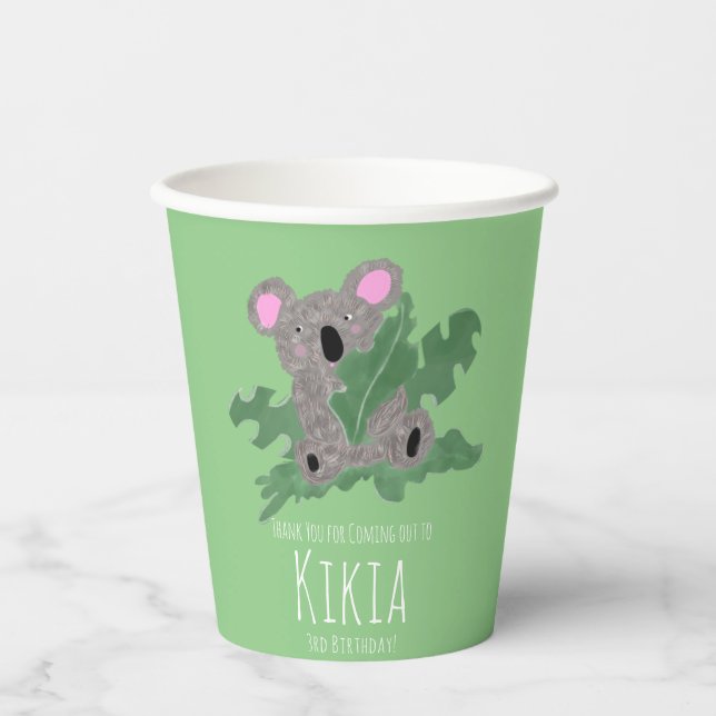 Koala Hand Drawn Animal Green Birthday Party Pappbecher (Vorderseite)