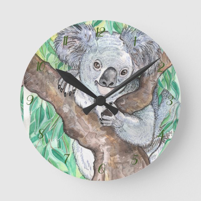 Koala in Eukalyptus Tree Painting Runde Wanduhr (Vorderseite)