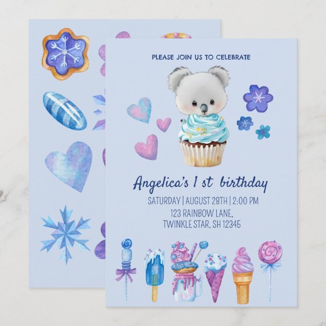 Koala Kuchen Eiscreme Blaue Wasserfarbe 1. Geburts Einladung (Vorne/Hinten)