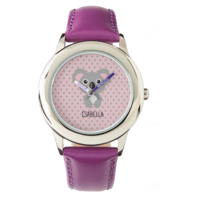 Koala Lila Kids Name Personalisiert Armbanduhr (Vorderseite)