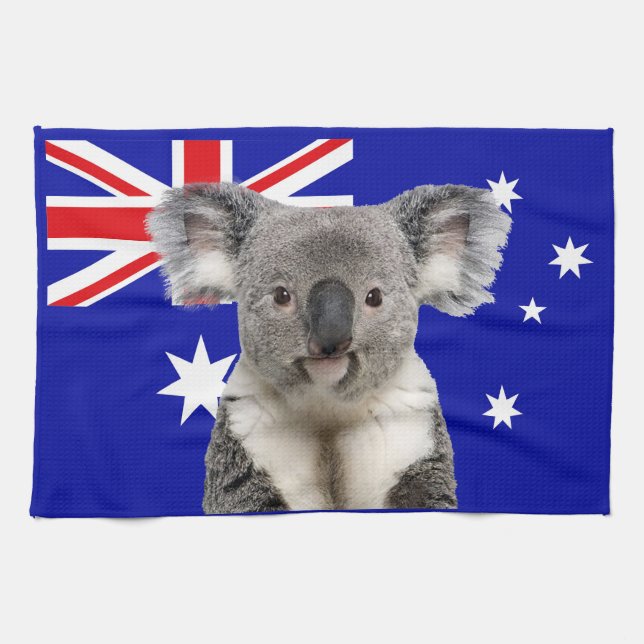 Koala mit australischem Flaggenhintergrund Geschirrtuch (Horizontal)