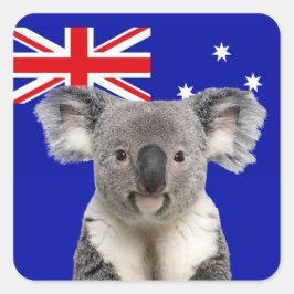 Koala mit australischem Flaggenhintergrund Quadratischer Aufkleber