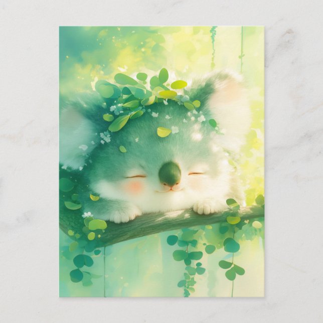 Koala mit Blätterkrone im sonnendurchfluteten Wald Postkarte (Vorderseite)