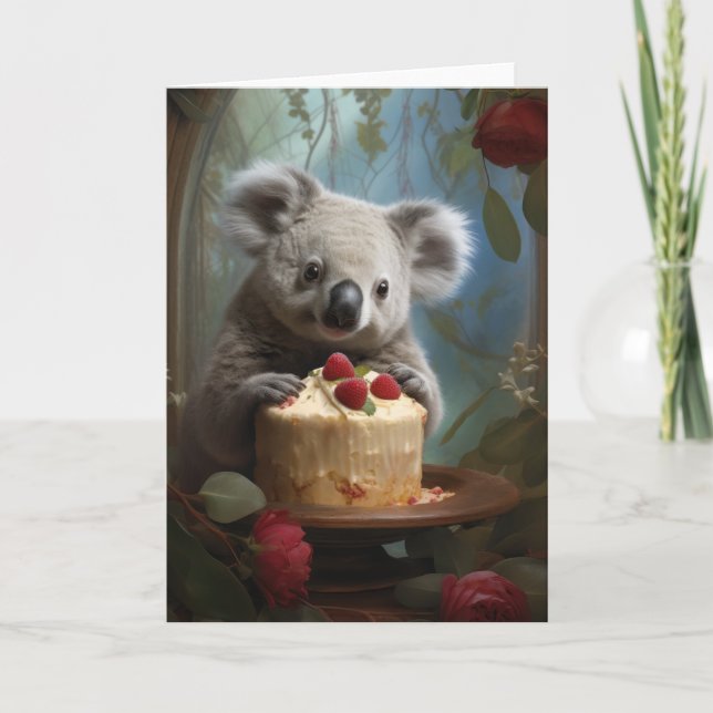 Koala mit einem Geburtstagskuchen Dankeskarte (Vorderseite)
