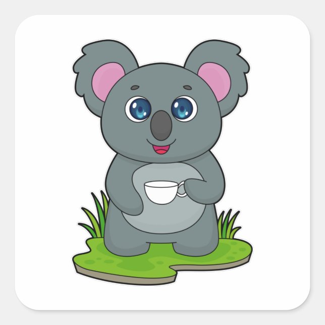 Koala mit Kaffeetasse Quadratischer Aufkleber (Vorderseite)