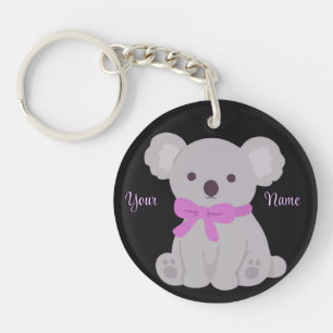 Koala mit lila Schleife Cute Kawaii Custom Schwarz Schlüsselanhänger