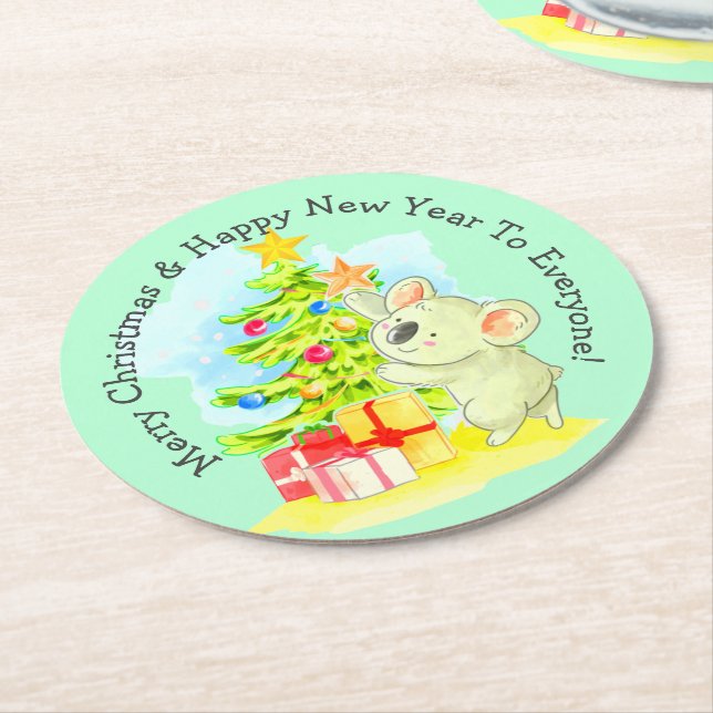 Koala mit Tree, australisches Weihnachtsgebäck, We Runder Pappuntersetzer (Angewinkelt)