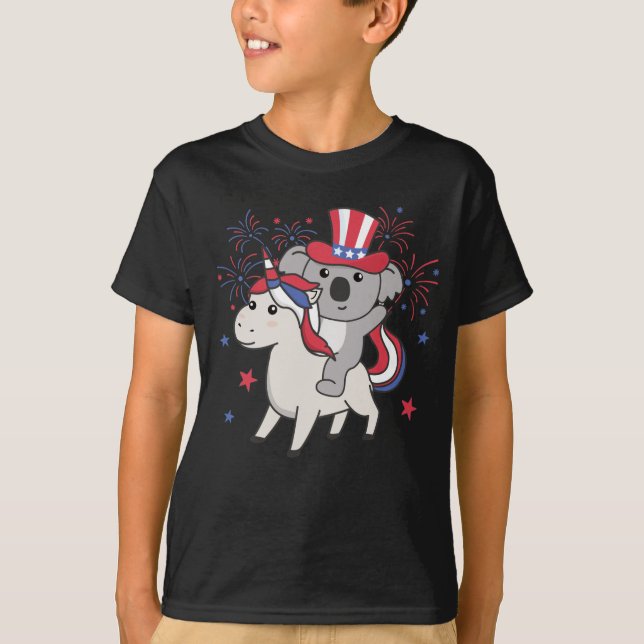 Koala mit Unicorn für Amerikanische Unabhängigkeit T-Shirt (Vorderseite)