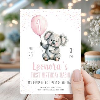 Koala Pink Ballon 1. Geburtstag Einladung
