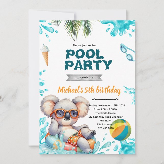 Koala-Poolparty-Geburtstagseinladung Einladung (Vorderseite)