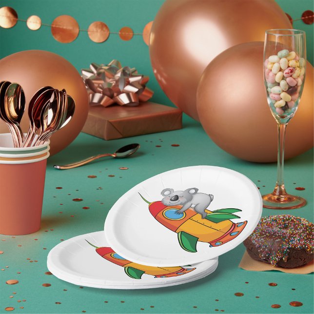 Koala schlafen bei einer farbenfrohen Rakete Pappteller (Von Creator hochgeladen)