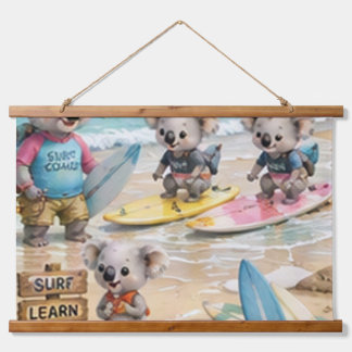 Koala-Surfschule Spaß an einem sonnigen Strand Wandteppich Mit Holzrahmen