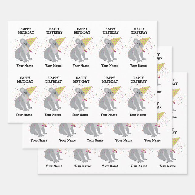 Koala - Tiere mit einem Party Jungen Mädchen Name Geschenkpapier Set (Set)