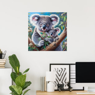 Koala und Baby Joey in einer Baummalerei Poster