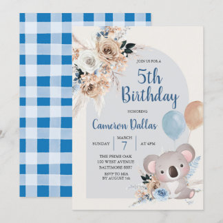 Koala und Pampas Grass Dark Blue Birthday Party Einladung