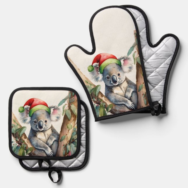 Koala-Weihnachtsmannmütze sitzt in einem Gummibaum Ofenhandschuh & Topflappen-Set (Vorderseite/Rückseite)