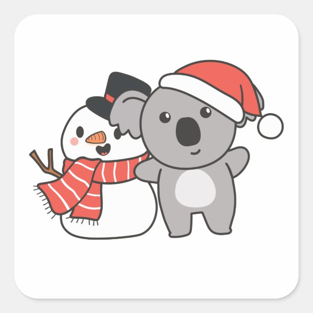 Koala With Snowman In Winter For Christmas Quadratischer Aufkleber (Vorderseite)