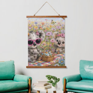 Koalas genießen ein Picknick auf einer Wildblumenw Wandteppich Mit Holzrahmen
