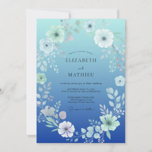 Kobalt-Aquarell-Blüten-Hochzeit Einladung