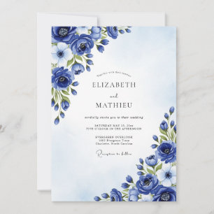 Kobalt-Blüten-Hochzeit im malerischen Stil Einladung