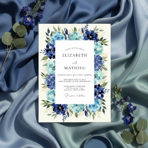 Kobalt-Blüten-Üppige-Romantik-Hochzeit Einladung