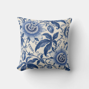 Kobalt-Porzellan-Passion Flower Rebe Kissen