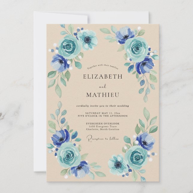 Kobalt Türkis Blütenblatt Hochzeit Einladung (Vorderseite)
