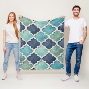 Kobalt und Türkis Vierblatt - Mediterranes Mosaik Fleecedecke