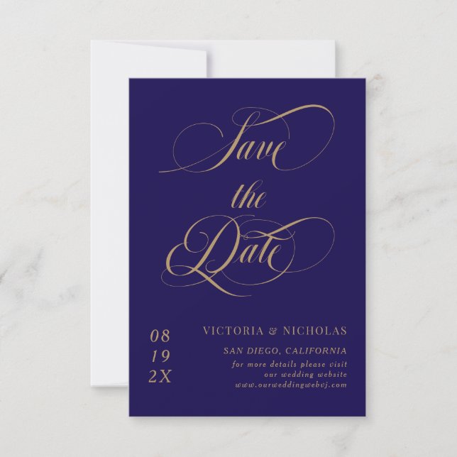 Kobaltblau Elegante Romantische Hochzeit Save The Date (Vorderseite)