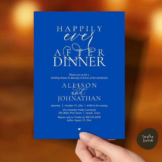 Kobaltblau Glücklich Bis ans Ende des Abends Hochz Einladung (Cobalt Blue Happily Ever After Dinner Modern Script Wedding Invitation Card)