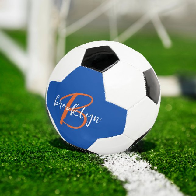 Kobaltblau Orange Weiß Schrift Monogramm Name Fußball (Von Creator hochgeladen)