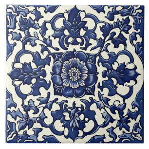 Kobaltblau und Elfenblumen-Scroll Fliese