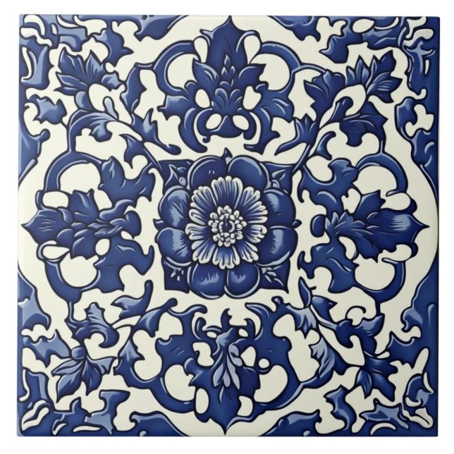 Kobaltblau und Elfenblumen-Scroll Fliese (The complete printed tile design. Tiles sold individually.)