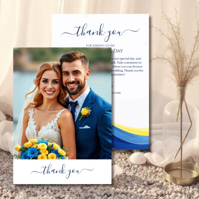 Kobaltblau und Gelb Foto Hochzeits-Dankeschön Dankeskarte (Cobalt Blue and Yellow Photo Wedding Thank you )