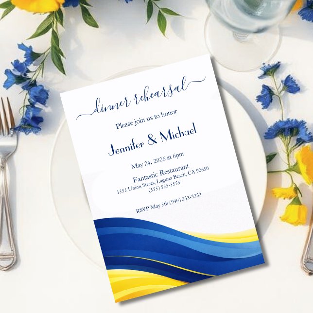 Kobaltblau und Zitronengelb - Probeessen  Einladung (Cobalt Blue and Lemon Yellow Dinner Rehearsal  Invitation)