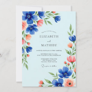 Kobaltblaue elegante botanische Hochzeit Einladung