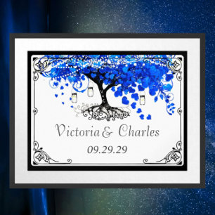 Kobaltblaue Herzblatt-Baum-Hochzeit Poster