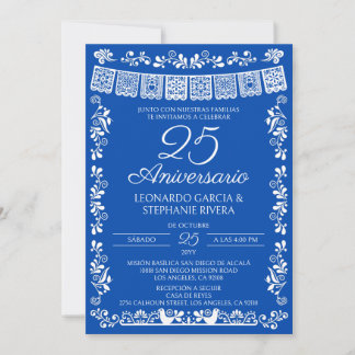 Kobaltblaue Papel Picado zum 25. Hochzeitstag Einladung