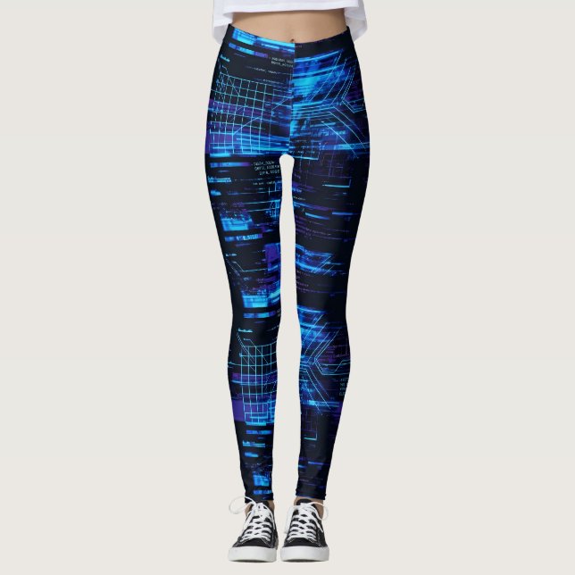 Kobaltblaues Cyber-Glitch-Matrix-Datenfluss Leggings (Vorderseite)