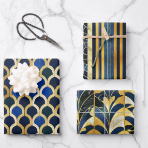 Kobaltblaues und goldenes Art Deco-Marmor-Muster Geschenkpapier Set