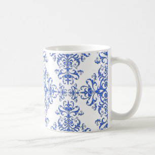 Kobaltblaues und weißes florales Damaststil-Muster Tasse