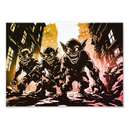 Kobold-Dämonen verwüstete Stadt Retro-50er-Grafiks Fotodruck