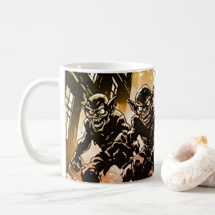 Kobold-Dämonen verwüstete Stadt Retro-50er-Grafiks Kaffeetasse